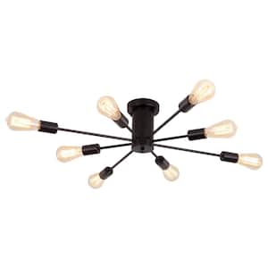 Theis 30.12 in. 8-Light Black Semi Flush Mount Sputnik Chandelier Linear Ceiling Mount Light For Bedroom Dining Room
