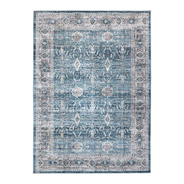 Machine Washable Paisley Azure Haven 5 ft. x 7 ft. Kitchen/Bedroom/Living Room Indoor Area Rug