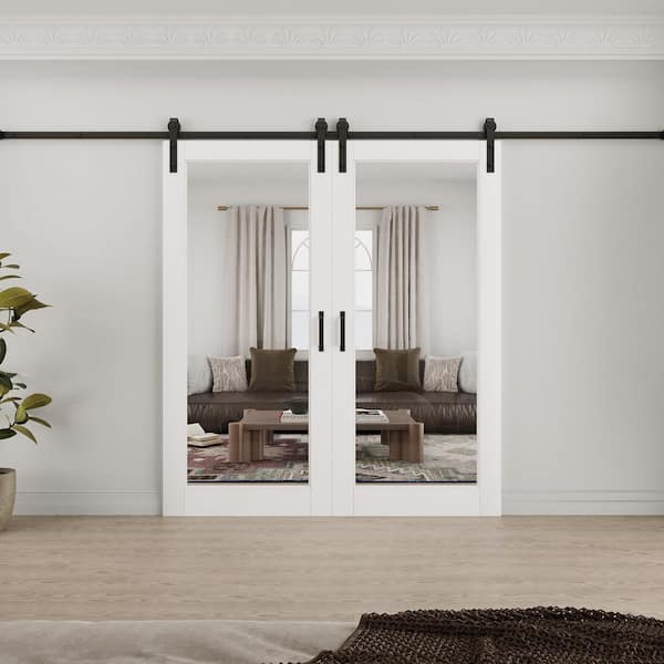 72 in. x 80 in. 1-Lite Tempered Clear Glass White Primed Solid Core MDF Sliding Barn Door with Hardware Kit