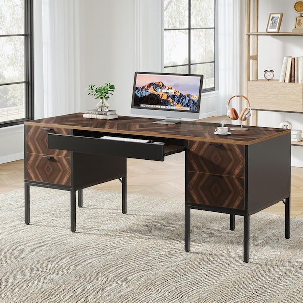 BYBLIGHT Moronia 63 in. Rectangle Dark Brown Wood 4-Drawer Computer Desk with Storage, Keyboard Tray for Home Office