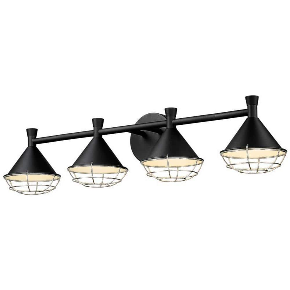 JAZAVA 32 in. 4-Light Black Finish LED Dimmable Industrial Vanity Light ...