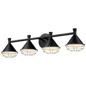 32 in. 4-Light Black Finish LED Dimmable Industrial Vanity Light with Metal Shade
