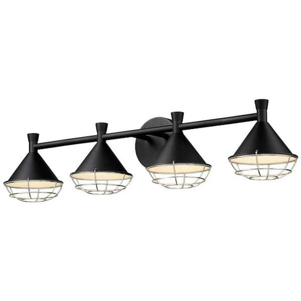 JAZAVA 32 in. 4-Light Black Finish LED Dimmable Industrial Vanity Light with Metal Shade