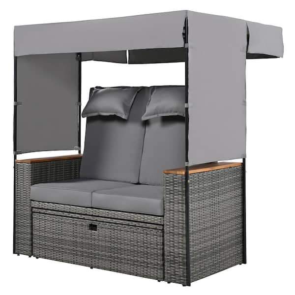 Cesicia 57 in.W 2-Person Metal Outdoor Bench with Roof Grey Cushion and Adjustable Backrest