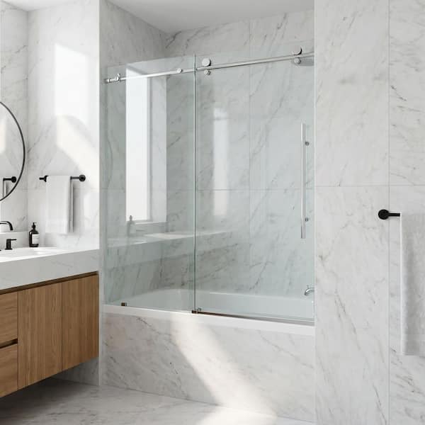 Elan E-Class 56 to 60 in. W x 66 in. H Sliding Frameless Tub Door in Chrome with 3/8 in. (10mm) Clear Glass
