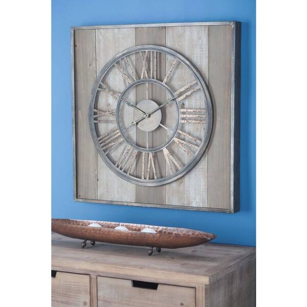 Litton Lane 26 in. x 26 in. Rustic Traditional Wall Clock in Distressed Brown