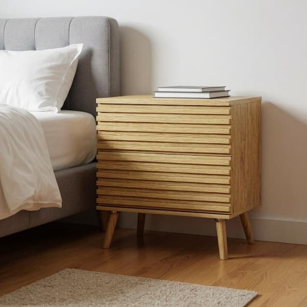 23 in. Natural Solid Wood Ribbed Texture 2-Drawer Nightstand