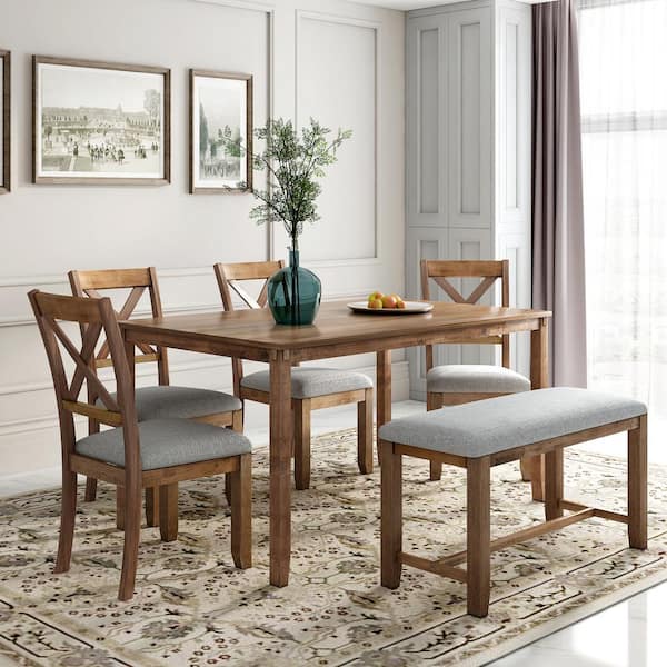 GOJANE 6-Piece Natural Cherry Wood Top Dining Table Set with 4-Fabric ...