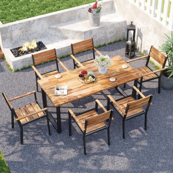 7-Piece Wood Rectangle Outdoor Dining Set with Umbrella Hole