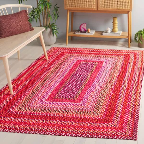 Braided 4 ft. x 6 ft. Red/Orange Striped Geometric Border Area Rug