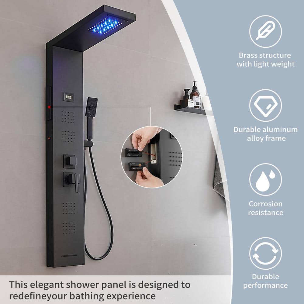 Matte Black 4-Jet Rainfall Shower Panel System with LED Light