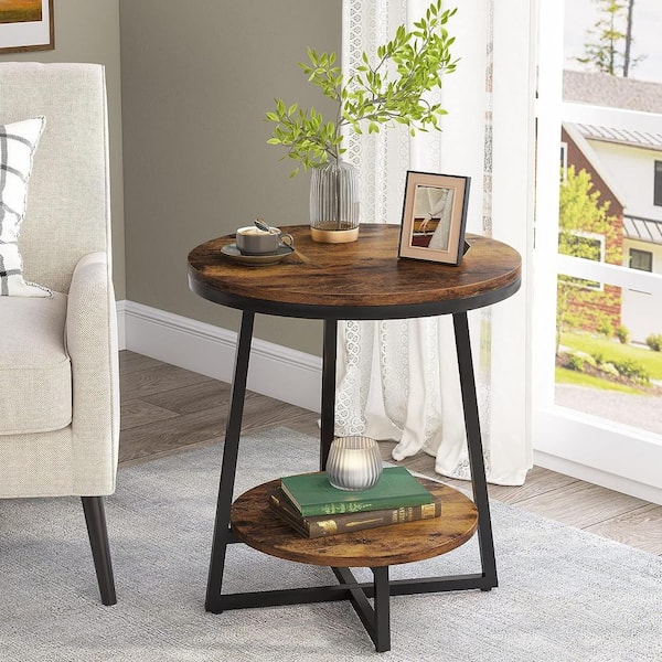 Kerlin 20 in. Rustic Brown Round Wood End Table with 2 Tier Storage Shelf Side Table, Nightstand Bedside Table