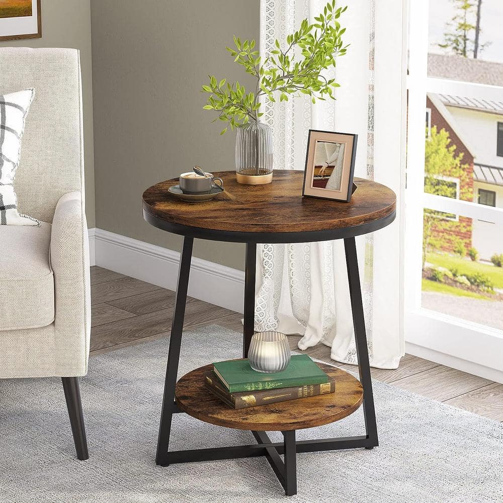 Kerlin 20 in. Rustic Brown Round Wood End Table with 2 Tier Storage Shelf Side Table, Nightstand Bedside Table - thumbnail 9