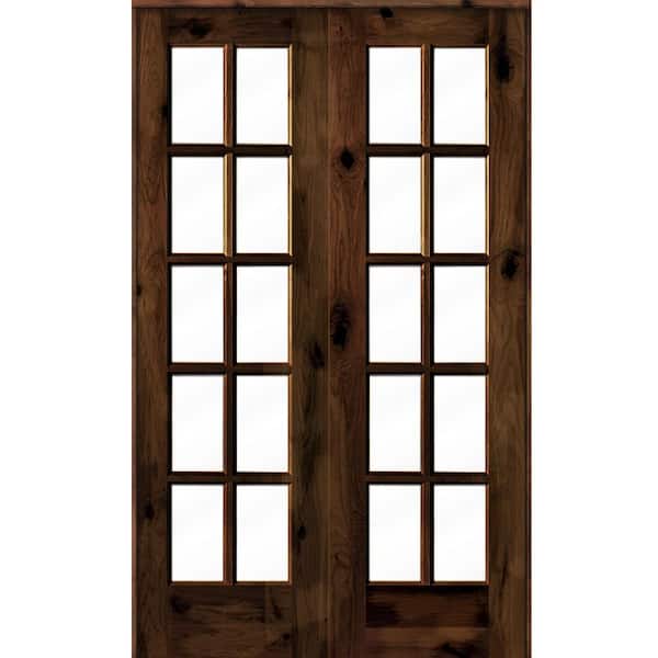 Krosswood Doors 48 in. x 80 in. Knotty Alder Universal/Reversible 10-Lite Clear Glass Red Mahogany Stain Wood Double Prehung French Door