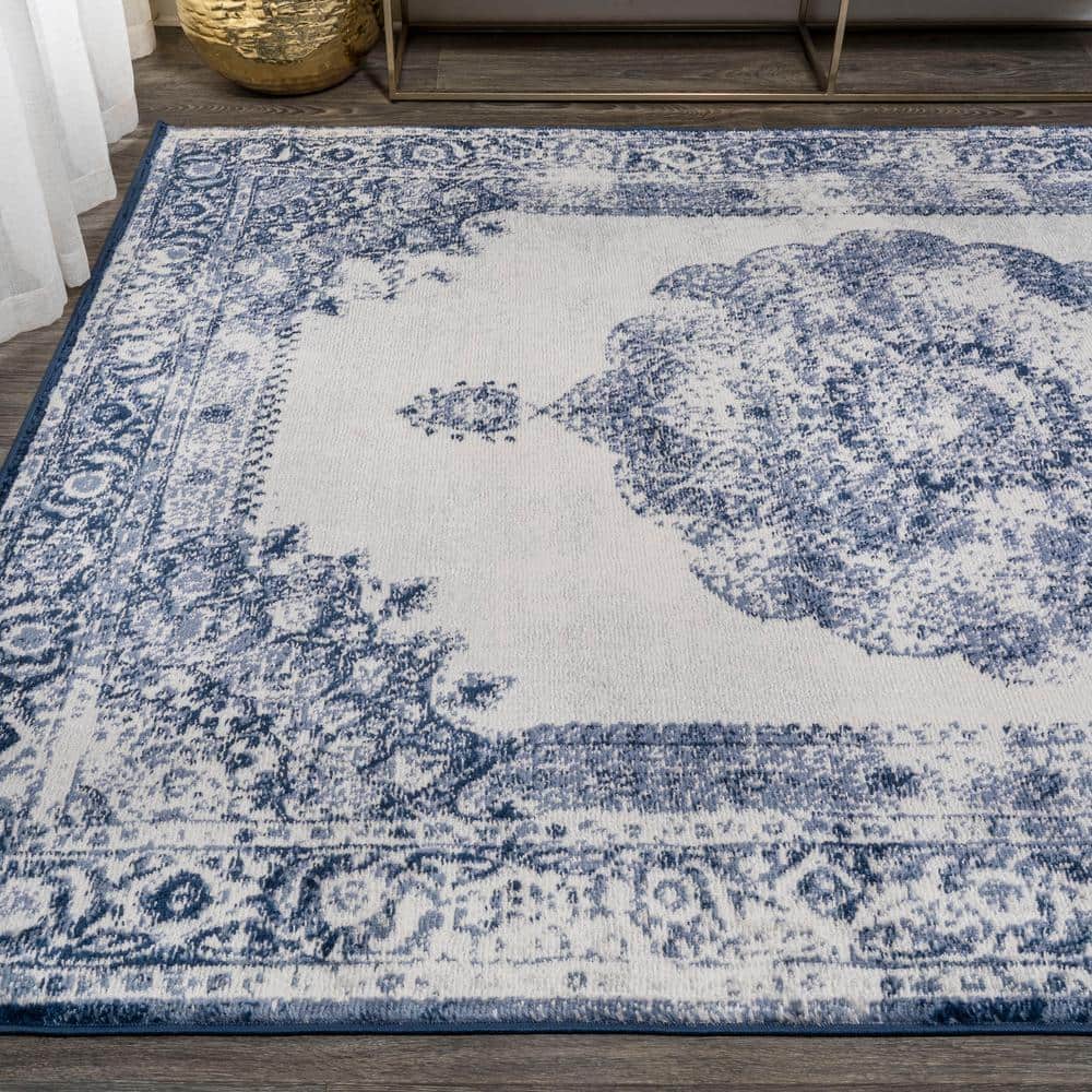 Handmade Rectangular Dark Blue/Ivory Synthetic Area Rug