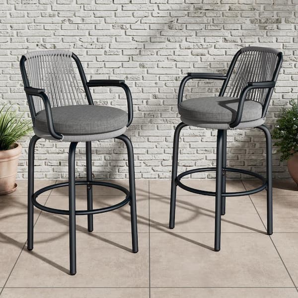 CHRISTOPHER KNIGHT HOME Prism 29 in. Patio PE Rattan Rope Weave and Metal Frame Outdoor Bar Stool with Grey Cushion, Black, Set of 2