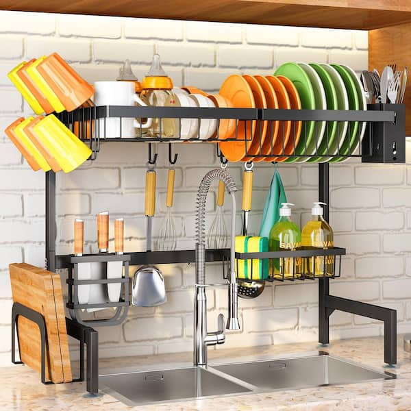 Wudkey Over The Sink Extendable Drainer Drying Dish Rack in Black with Adjustable Basket, Utensil Holder and Sponge Holder