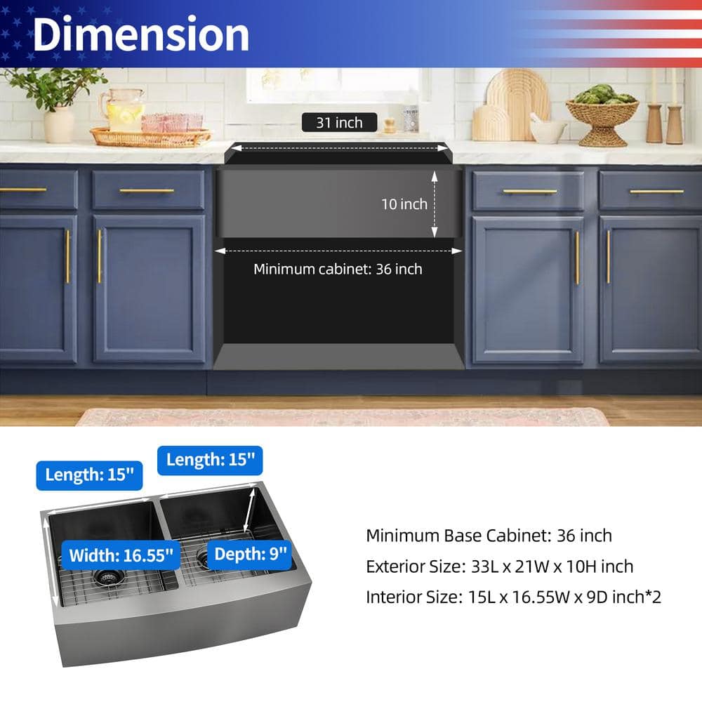 33'' Gunmetal Black Stainless Steel Farmhouse Double Bowl Kitchen Sink