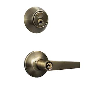 Antique Brass Entry Door Handle Combo Lock Set with Deadbolt and 8 SC1 Keys Total (2-Pack, Keyed Alike)