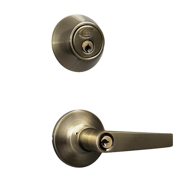 Premier Lock Antique Brass Entry Door Handle Combo Lock Set with Deadbolt  and SC1 Keys Total (2-Pack, Keyed Alike) LED04C-2 The Home Depot