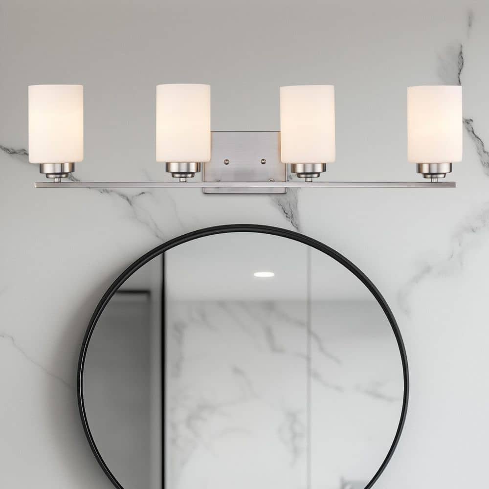 Mod Pod 31 in. 4-Light CFL Brushed Nickel Bathroom Vanity Light Fixture with Frosted Glass Cylinder Shades price history on PriceWatchPro