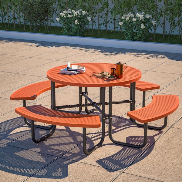 Thanaddo 46 in. Orange Round Outdoor Steel Picnic Table Seats 8-People with Umbrella Hole