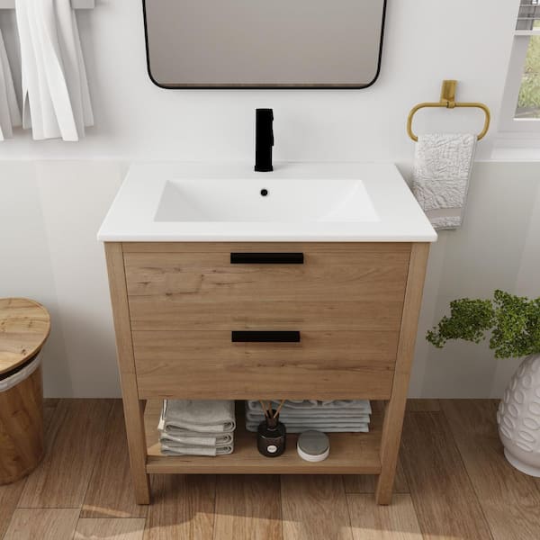 Bathroom Vanity Unit Free Standing Oak Corner Cabinet White Quartz