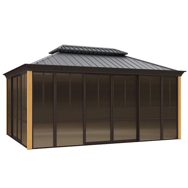12 ft. x 16 ft. Sunroom Hardtop Gazebo, Double Galvanized Steel Roof Aluminum Solarium with Sliding Doors and PE Screen