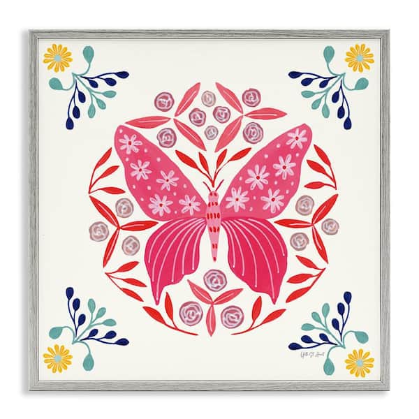 Stupell Industries Pink Folk Butterfly by Yvette St. Amant Gray Framed Animal Giclee Art Print 12 in. x 12 in.