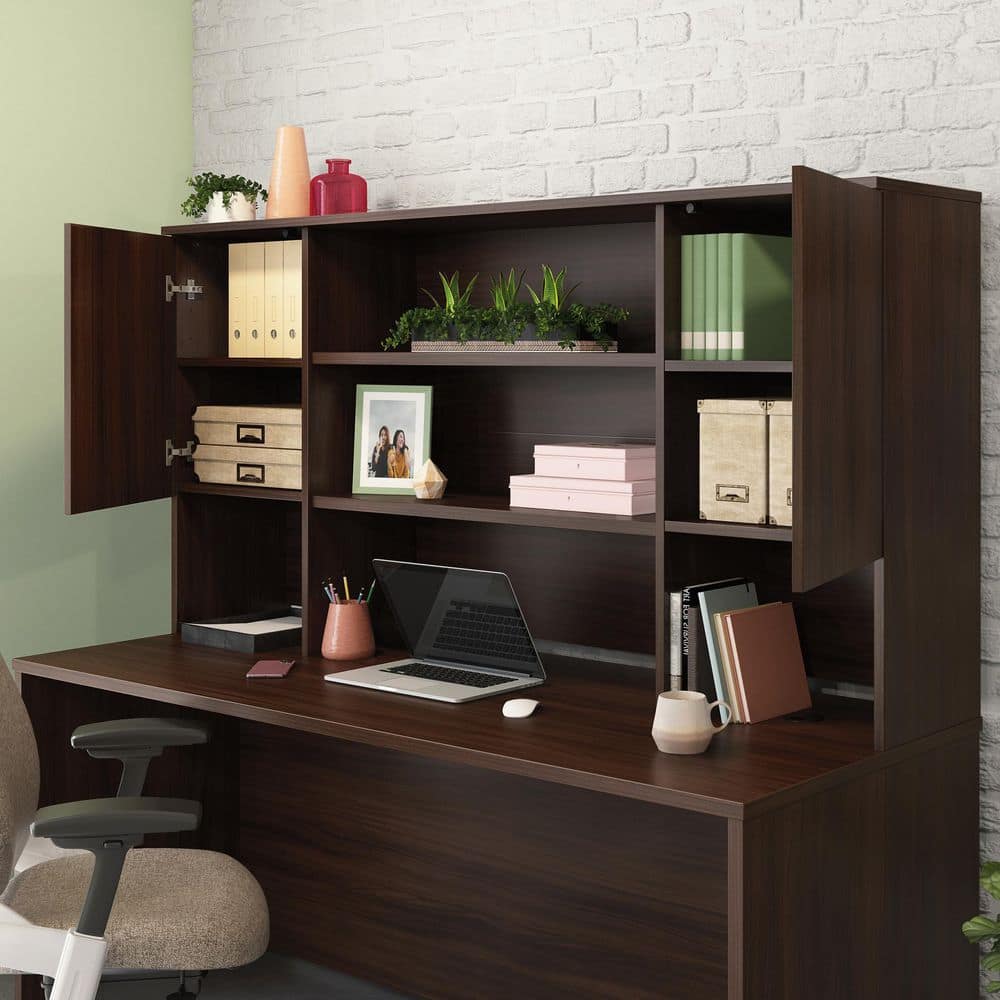 Noble Elm Brown Engineered Wood 72" Storage Hutch with Adjustable Shelves
