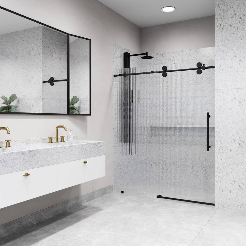 Elan Matte Black Frameless Sliding Shower Door with Fluted Glass