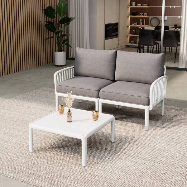 3-Piece White Plastic Patio Conversation Sectional Furniture Set with Square Coffee Table and Gray Cushion