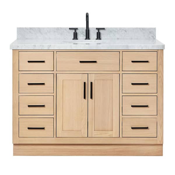 Hepburn 48 in. Single Sink Freestanding Bathroom Vanity in Oak with Carrara White Marble Top