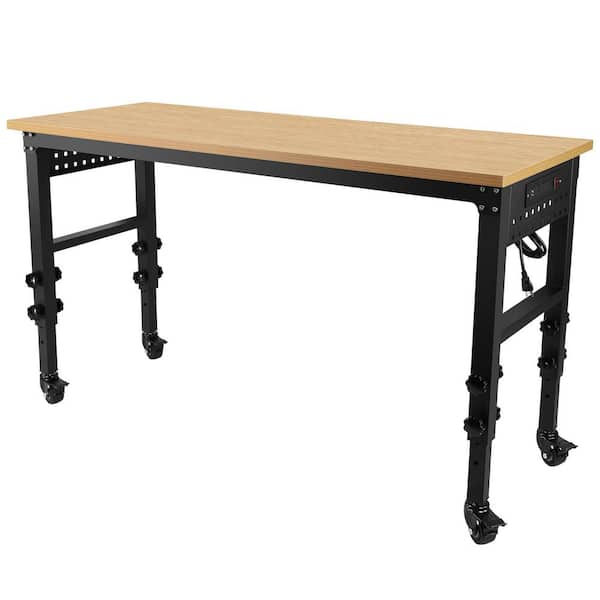 60 in. W x 24 in. D Adjustable Height Black Workbench Table with Solid Rubber Wood Top, Power Outlet and Wheels