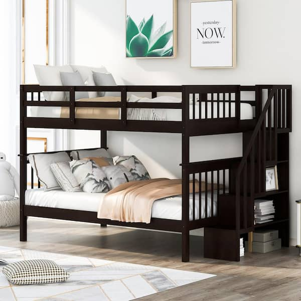 Qualler Espresso Stairway Full-over-Full Size Bunk Bed with Storage and ...