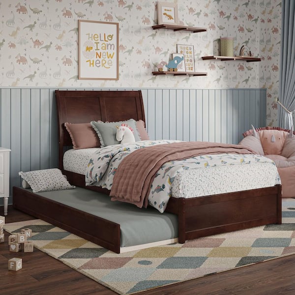 AFI Andorra Walnut Brown Solid Wood Frame Twin Platform Bed with Panel Footboard and Twin Trundle