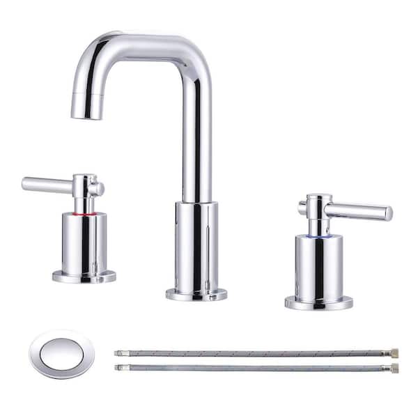 3 Hole 8 in. Widespread Double Handle High Arc Bathroom Faucet with Drain Kit Included and Supply Line in Chrome
