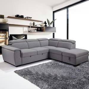 Joss 99 in. W 3-Piece Grey L Shaped Sectional Sofa Bed with Storage Ottoman / Adj. Backrest