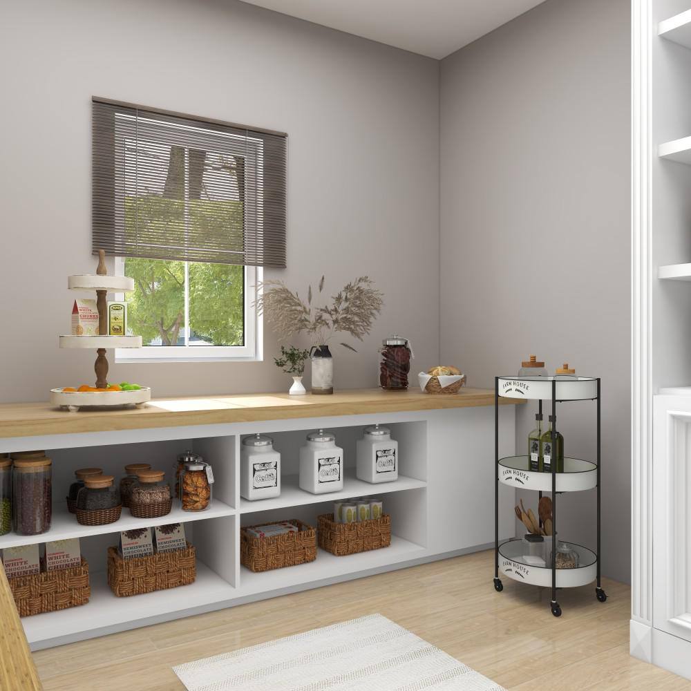 White and Black Metal 3-Tier Farmhouse Rolling Storage Cart