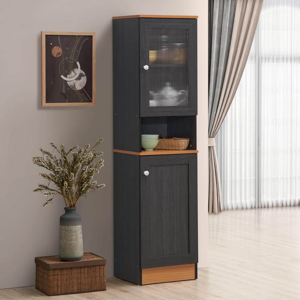 63" Tall Black-Beech Slim Kitchen Pantry with Enclosed Storage