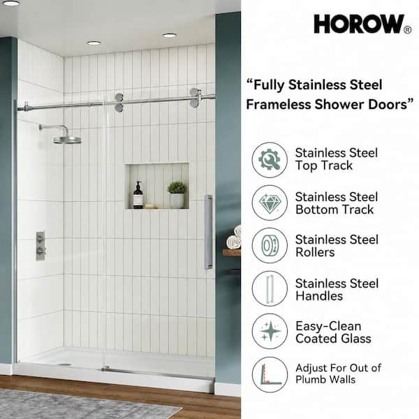 56 in.-60 in. W x 76 in. H Sliding Frameless Shower Door in Brushed Nickel with 5/16 in. (8 mm) Cleancoat Glass