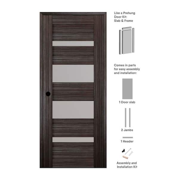 Mirella 28 in. x 80 in. Right-Hand Frosted Glass Solid Core 4-Lite Gray Oak Wood Composite Single Prehung Interior Door