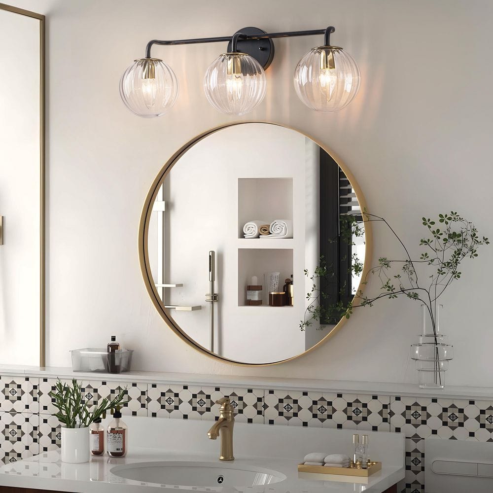 24.02 in. 3-Light Black and Gold Modern Vanity Light with Clear Ribbed Glass Globes price history on PriceWatchPro
