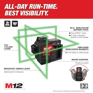 M12 12-Volt Lithium-Ion Cordless Green 250 ft. 3-Plane Laser Level Kit with 3 Batteries, Charger, Case and Tripod