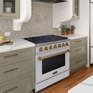 36in. 6 Burners Slide-in Freestanding Gas Range in White and Gold with Convection Fan Cast Iron Grates