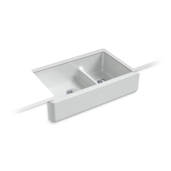 KOHLER White Haven 34 in. Farmhouse/Apron-Front Double Bowl Cast Iron Kitchen Sink in Ice Grey