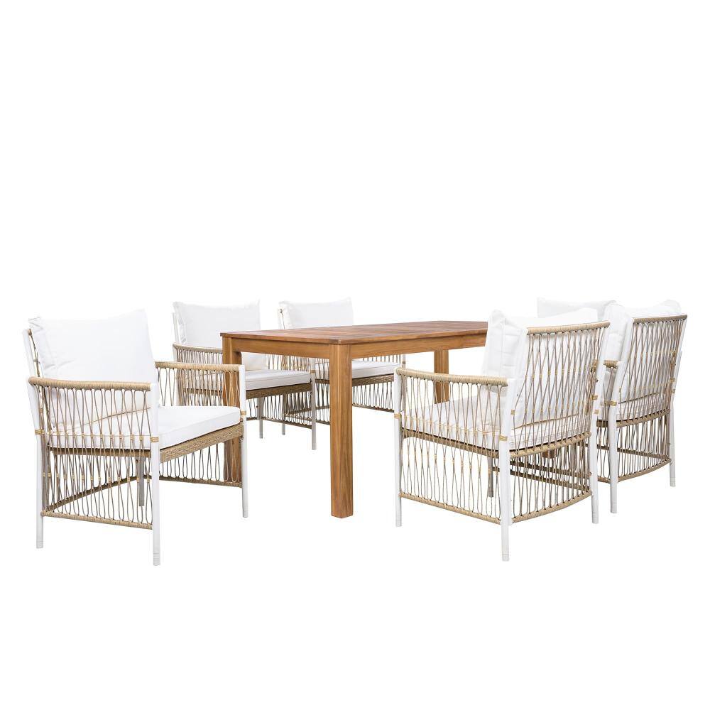 Natural 7-Piece Patio Wooden Dining Table Set with 67 in Rectangular Acacia Wood Table and 6 Rattan Arm Chairs