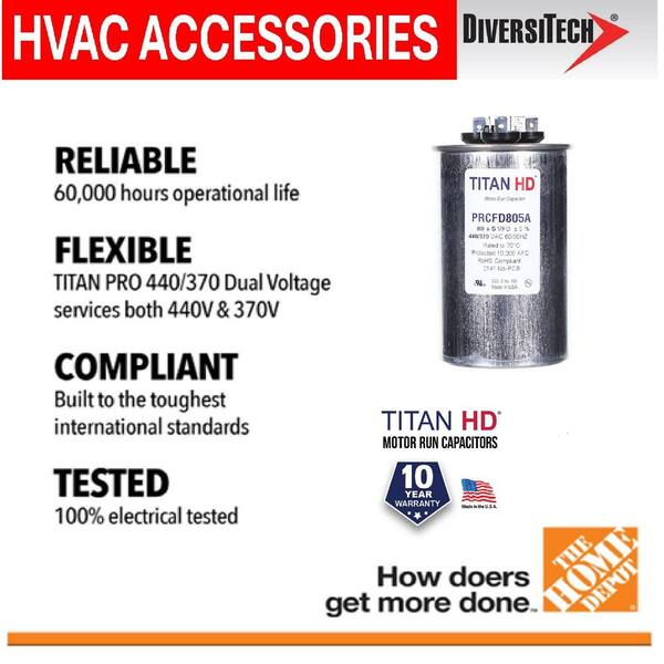 TITAN HD 80 Plus 5 MFD, 440-Volt/370-Volt Dual Voltage Round Run Capacitor