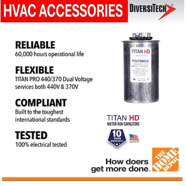 80 Plus 5 MFD, 440-Volt/370-Volt Dual Voltage Round Run Capacitor