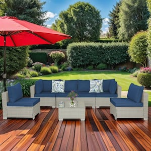 Patio Furniture Set 7-Pieces Wicker Outdoor Sectional Conversation with Couch Chairs, Coffee Table, Dark Blue Cushions